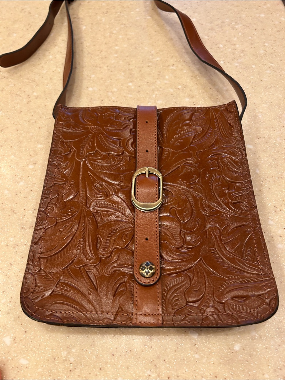 Patricia Nash Embossed Leather Crossbody in Warm Brown with Gold Buckle